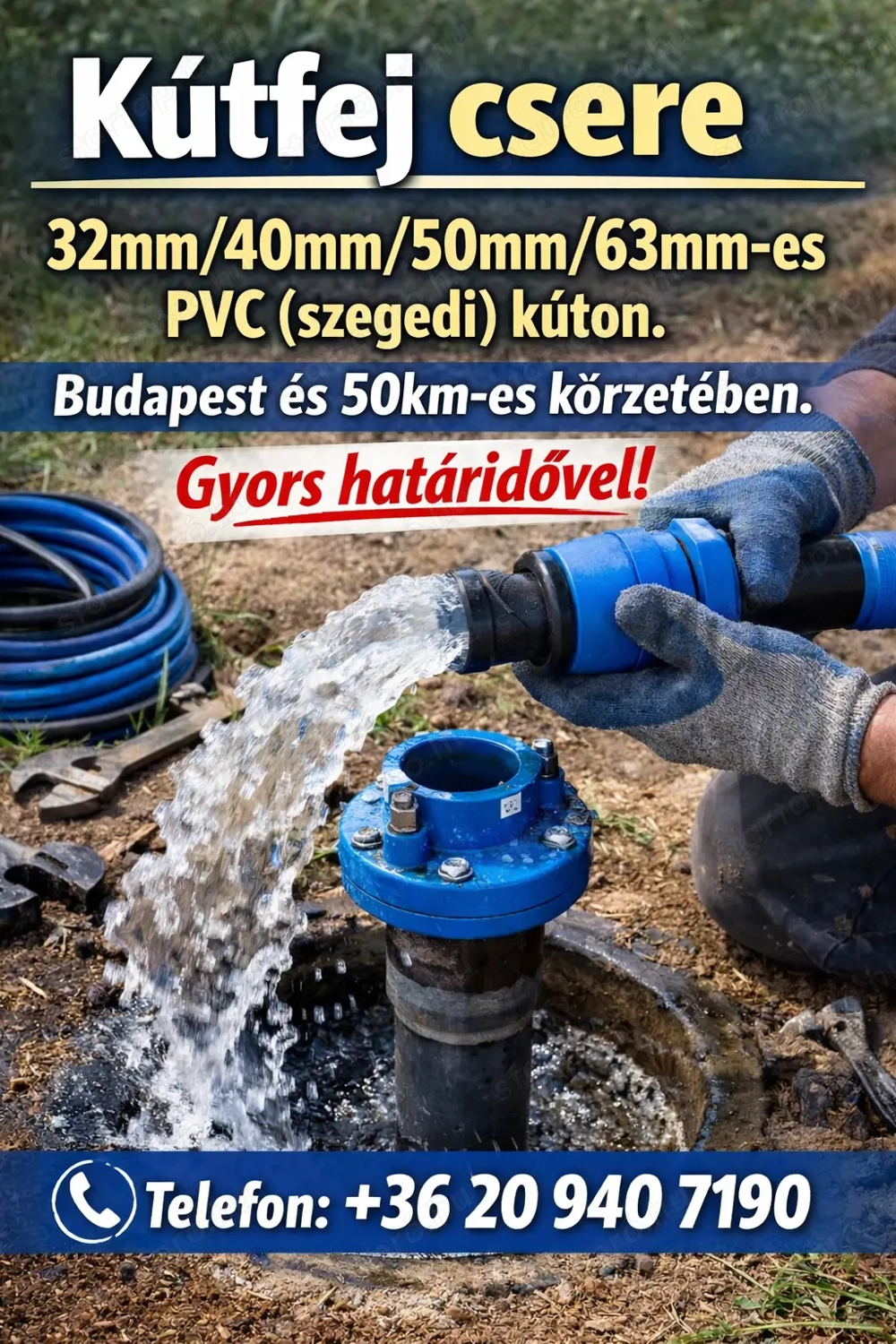 Kútfej csere   javítás- 32mm 40mm 50mm 63mm-es PVC (szegedi) kúton. 