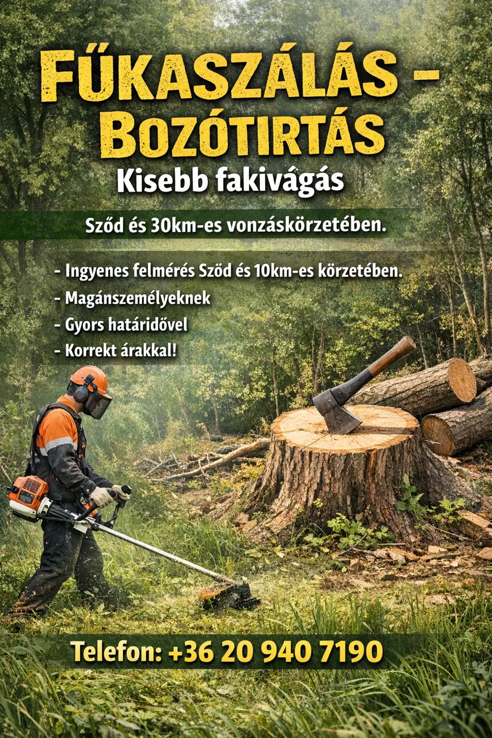 Fűkaszálás - Bozótírtás, Kisebb fakivágás.
