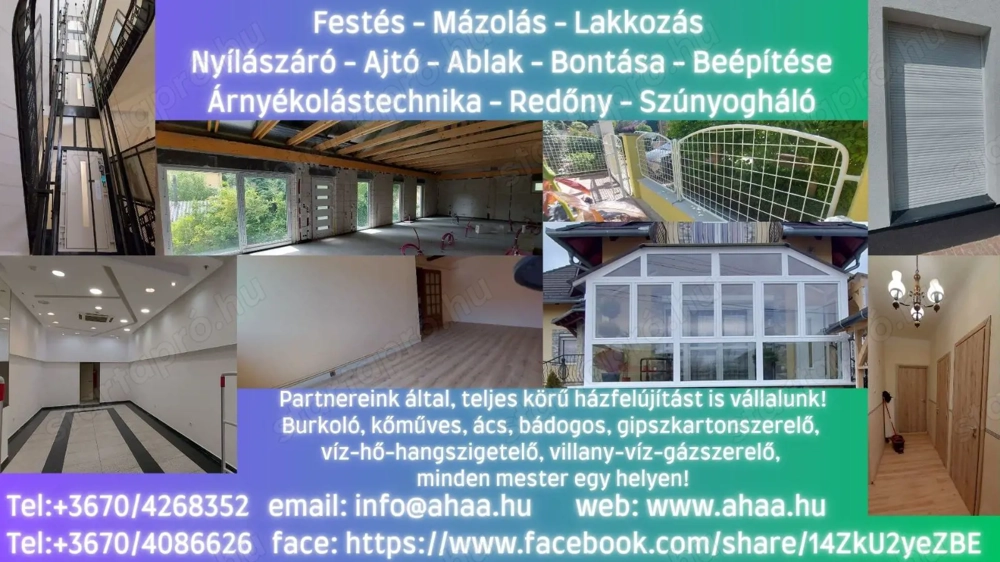 Szobafestés, glettelés, lakásfelújítás, nyílászáró, árnyékolástechnika Budapest és környékén