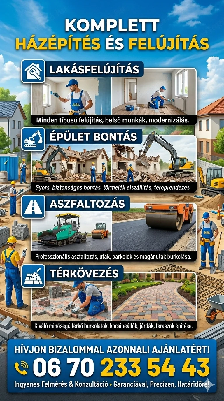 Épület bontás Aszfaltozás Térkövezés Betonozás 