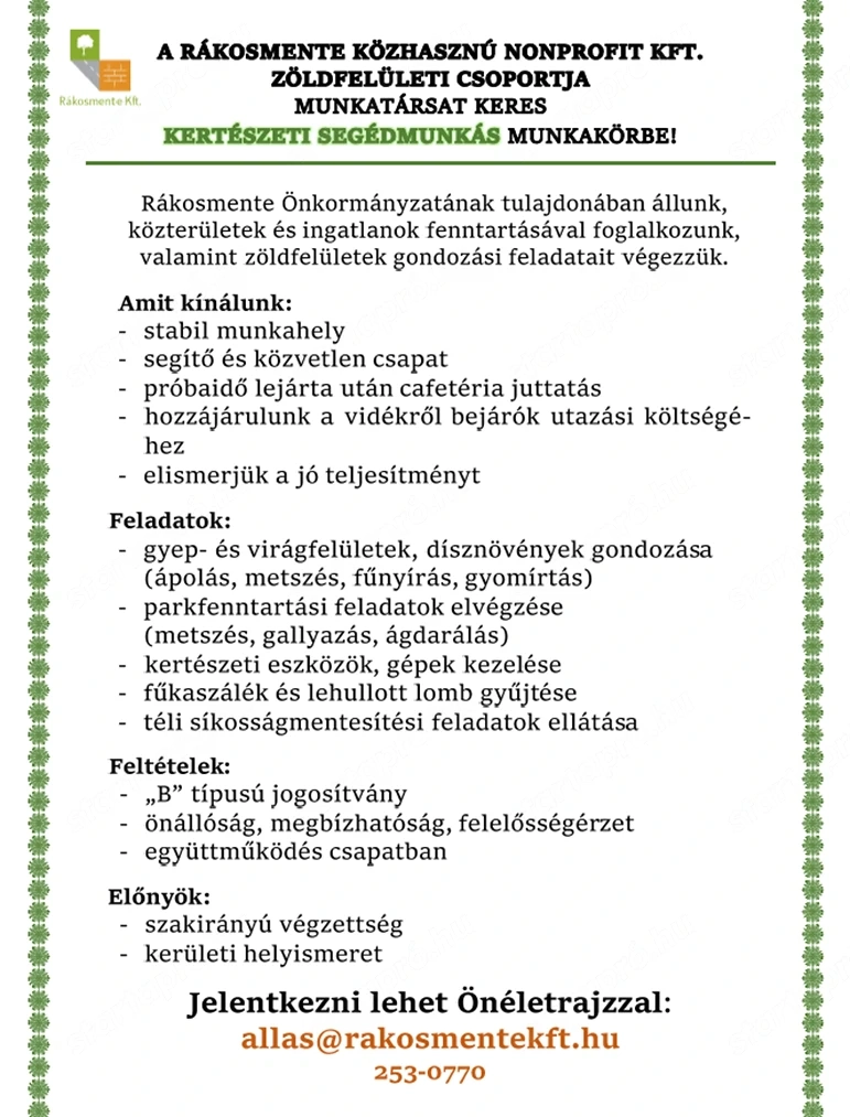 Kertészeti segédmunkást keresünk!