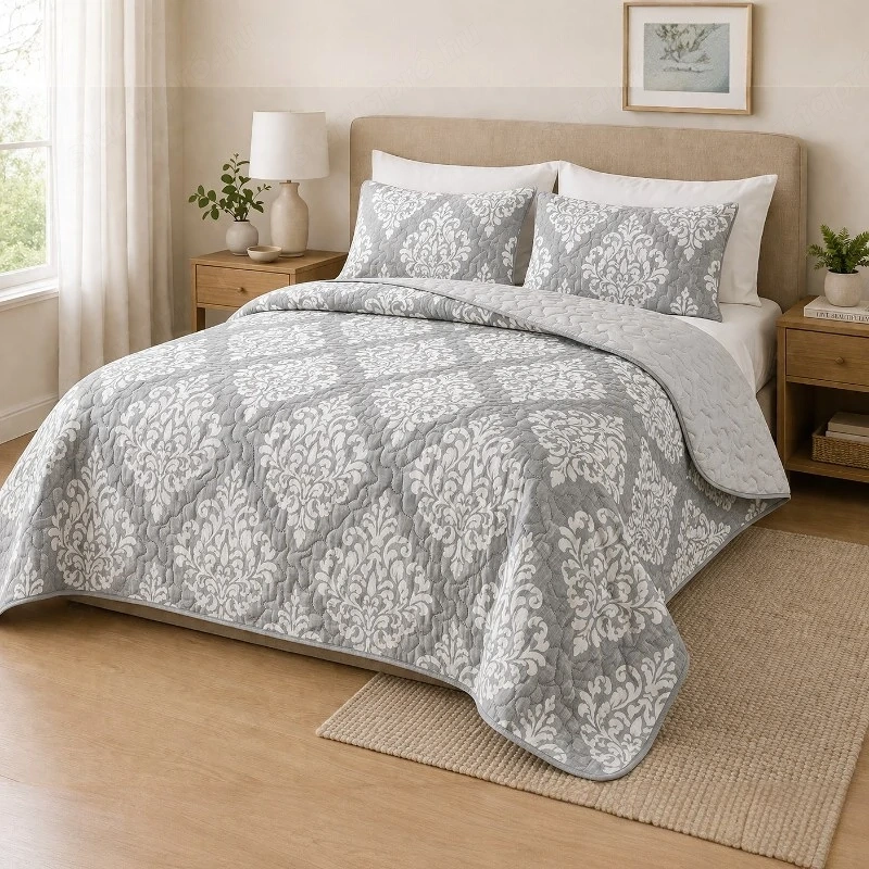 Szürke damaszt mintás kétoldalas ágytakaró 220x240 cm
