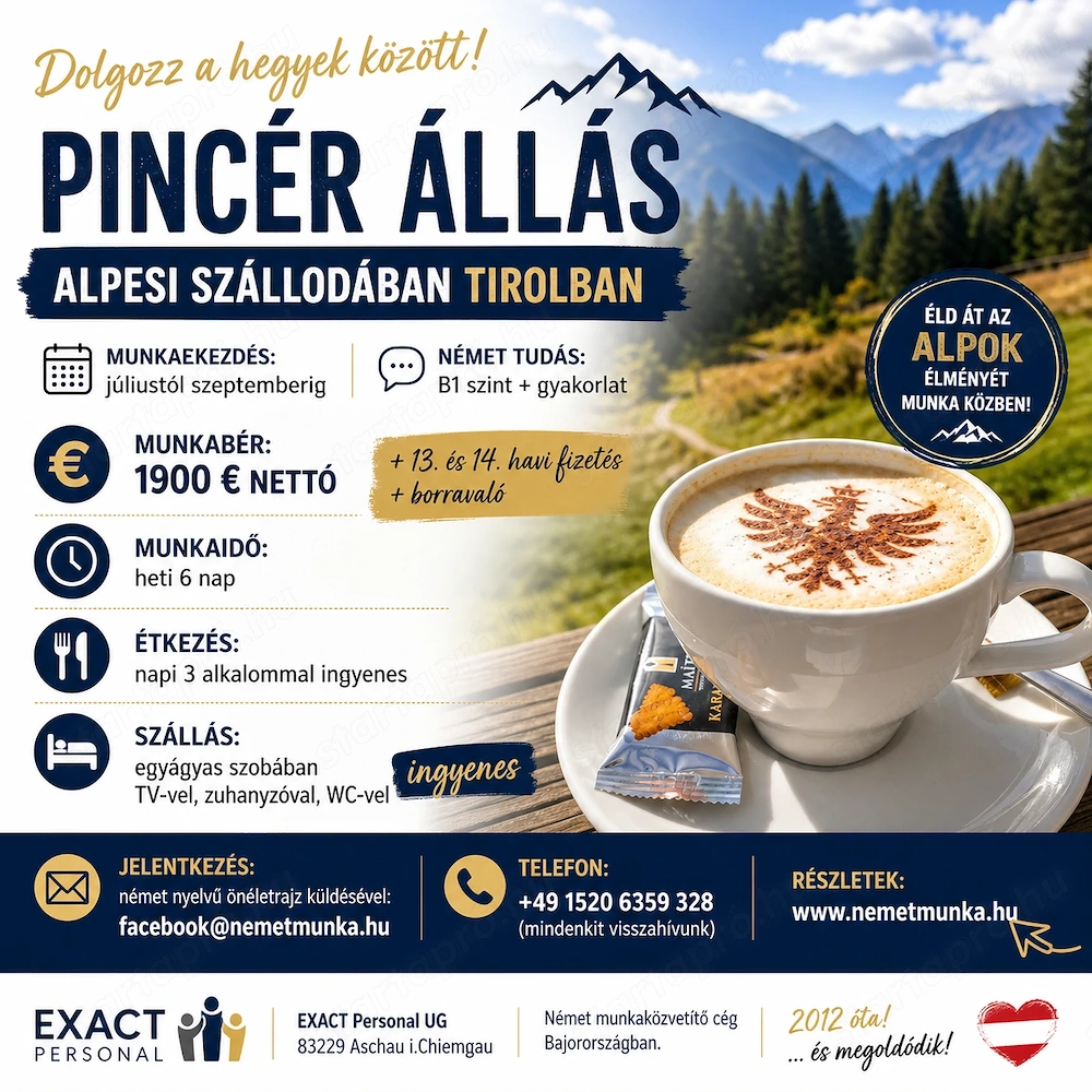 520 4. Pincér állás alpesi szálloda Tirol