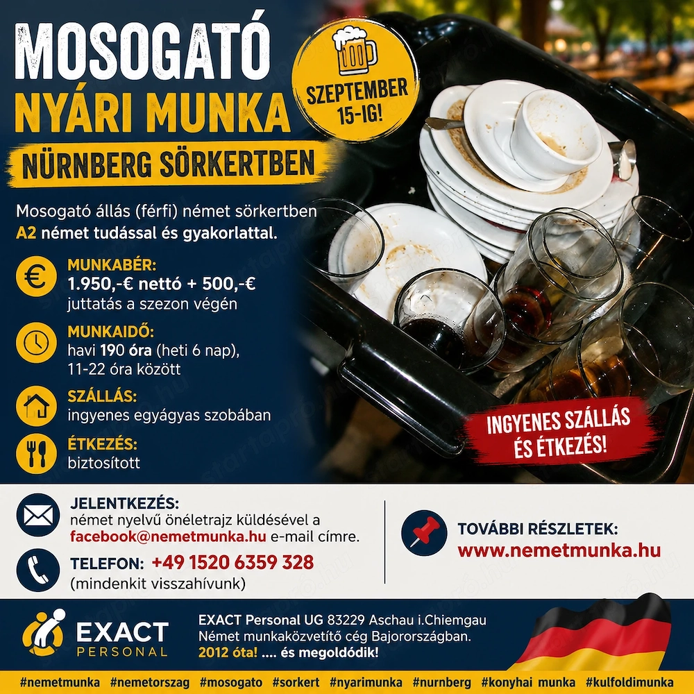 270 2. Mosogató nyári munka Nürnberg sörkert