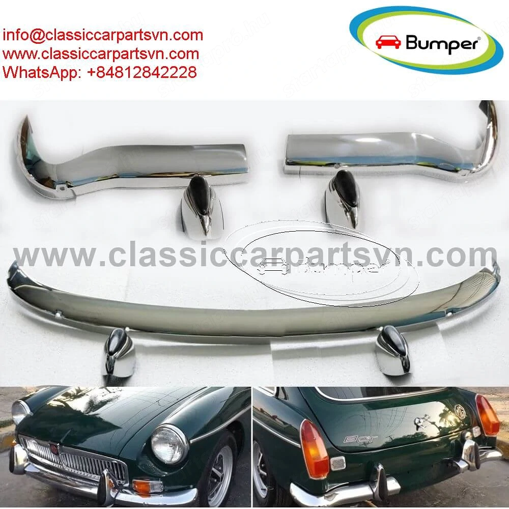 MGB GT Split 1970 bumpers by stainless steel new A set of 1 front bumper wiht 2 x over riders, 1 rea