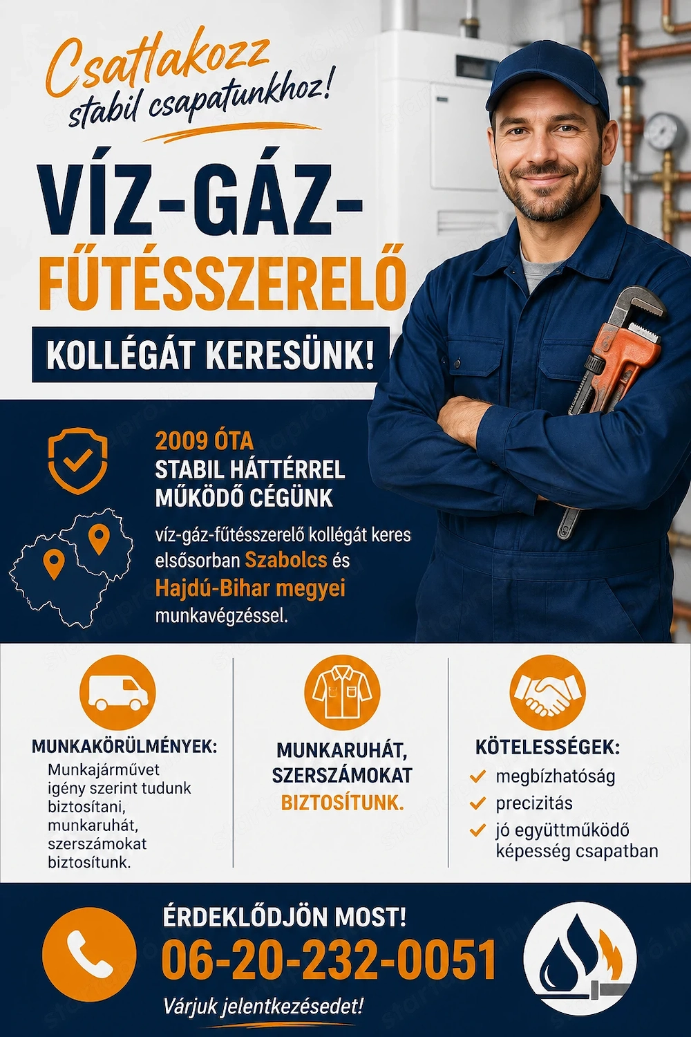 Víz-Gáz-Fűtésszerelő kollégát keresünk