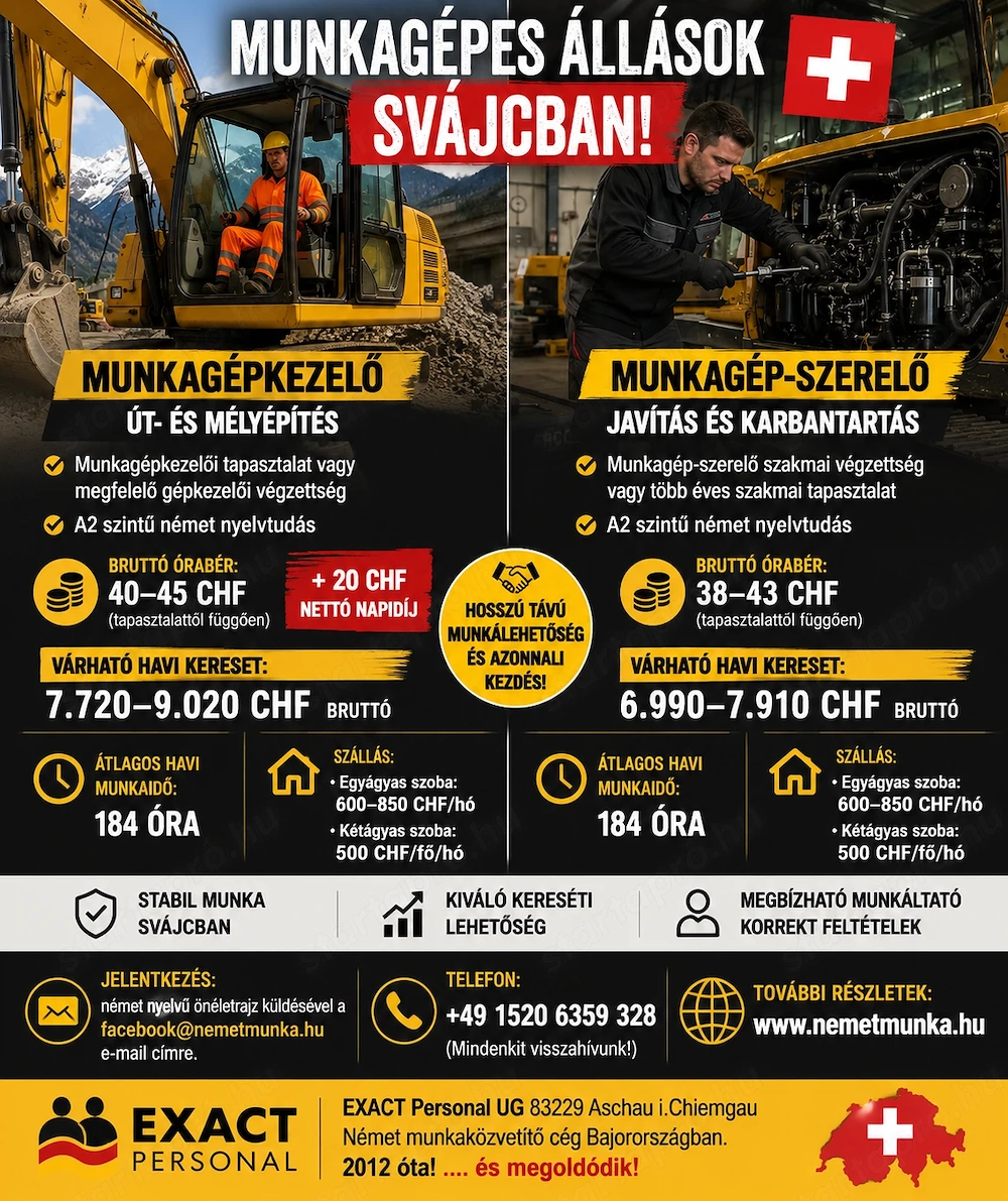Munkagépkezelő és Munkagép-szerelő állás Svájcban