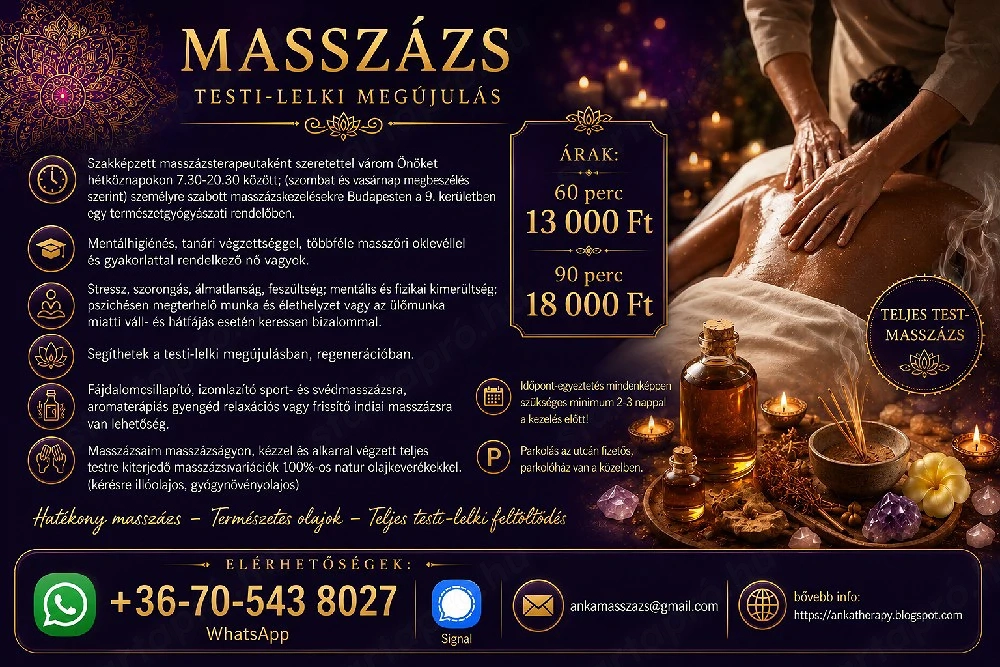 Stresszoldó, frissítő vagy relaxációs masszázs, izomlazító sportmasszázs Budapesten 