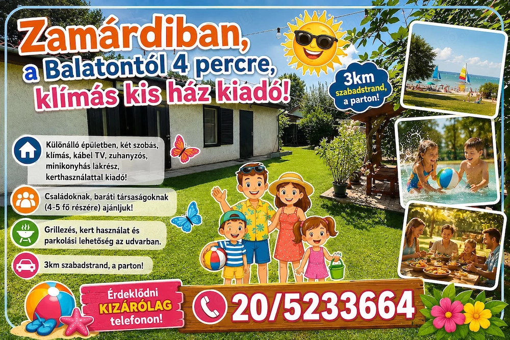 Zamárdiban, a Balatontól 4 percre, klímás, kis ház kiadó.