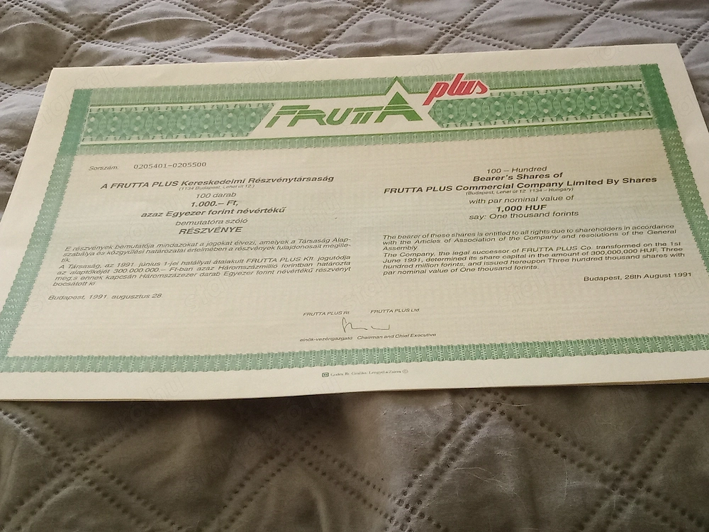 Frutta Plus Kereskedelmi Rt . részvény, 1991 3000ft db óbuda személyesen óbudán posta kizárolag előr