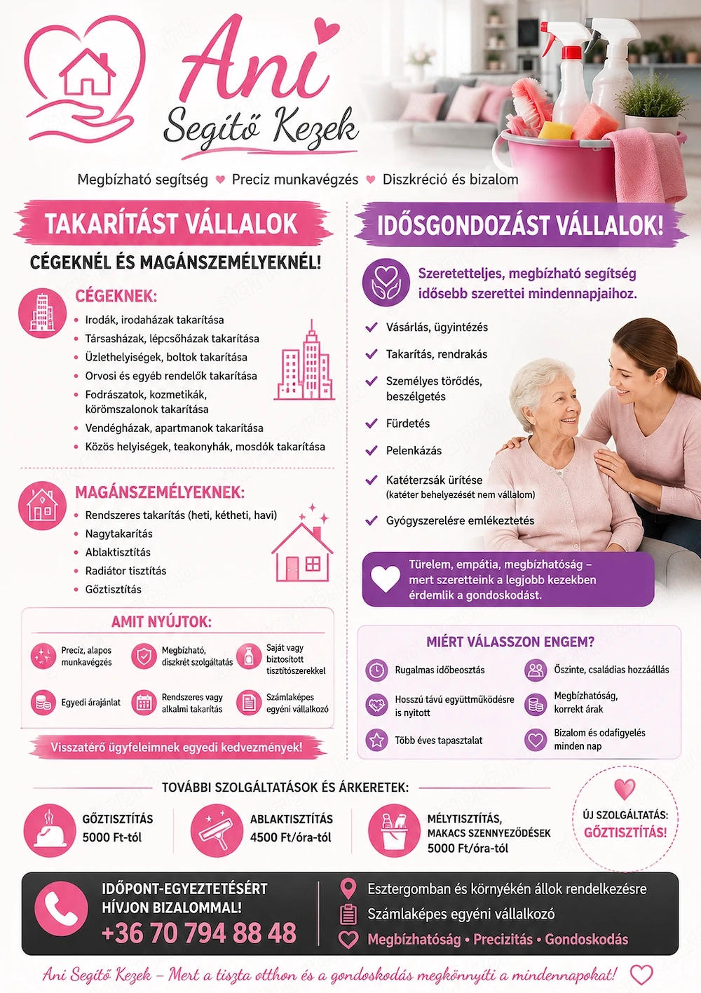Takarítást és idősgondozást vállalok Esztergomban és környékén