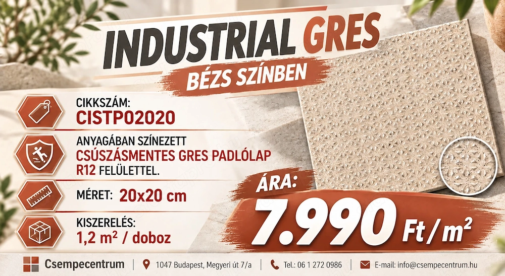 Csúszásmentes ipari gres padlólap 20x20 cm 2 színben