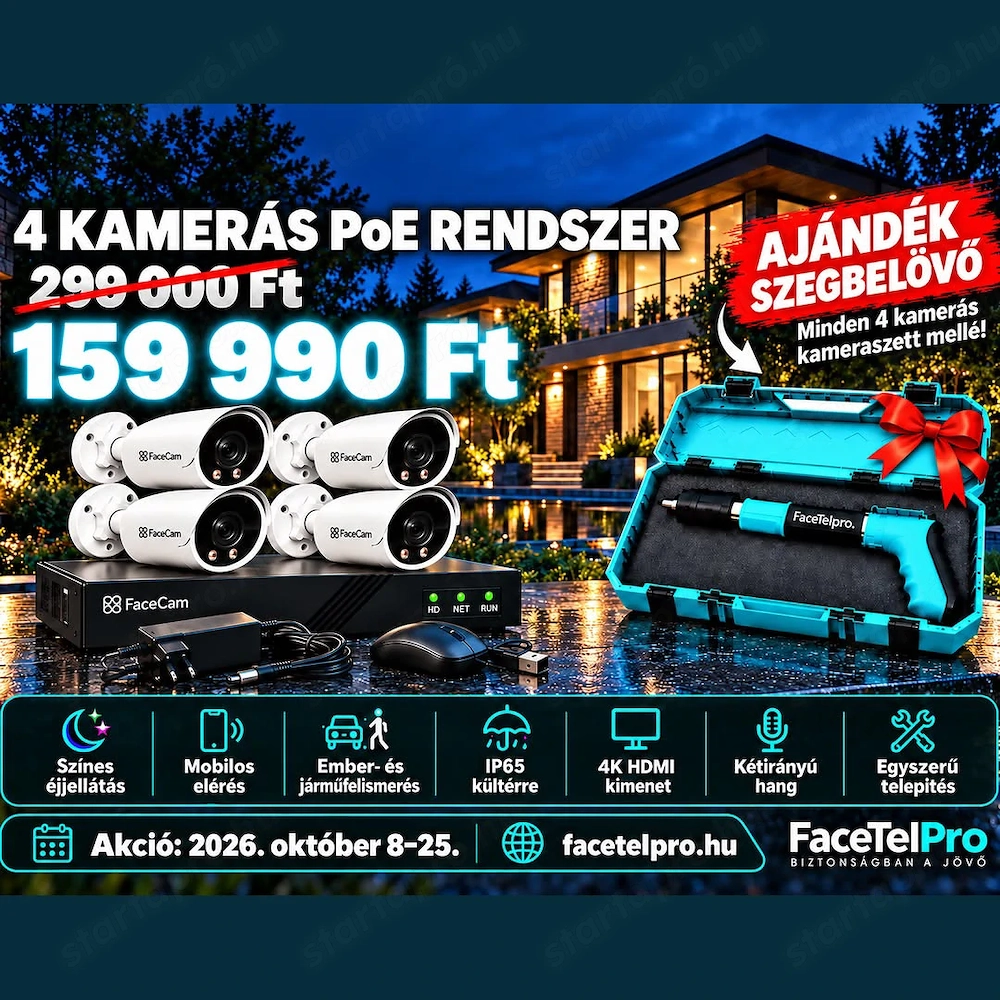 4 kamerás 5MP PoE kamerarendszer NVR-rel   159 990 Ft, ajándékkal