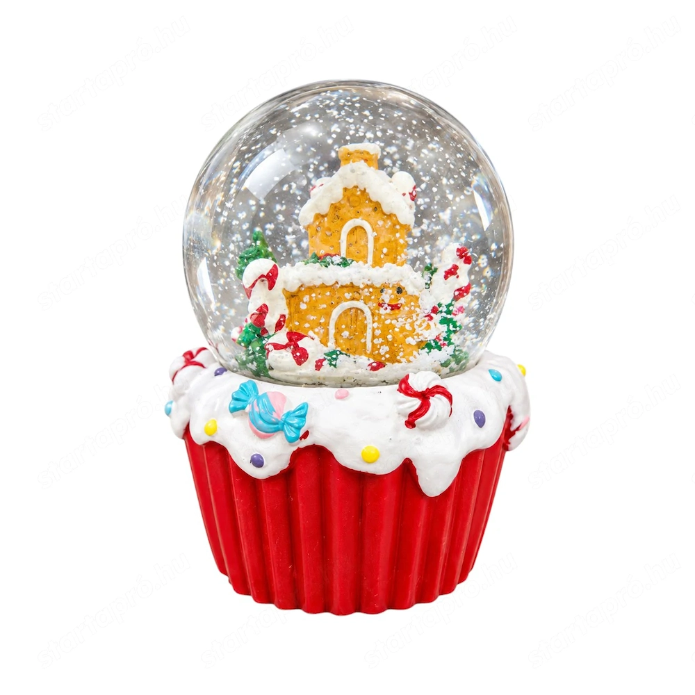 Karácsonyi mézeskalács hógömb piros muffin alapon   6,5 cm