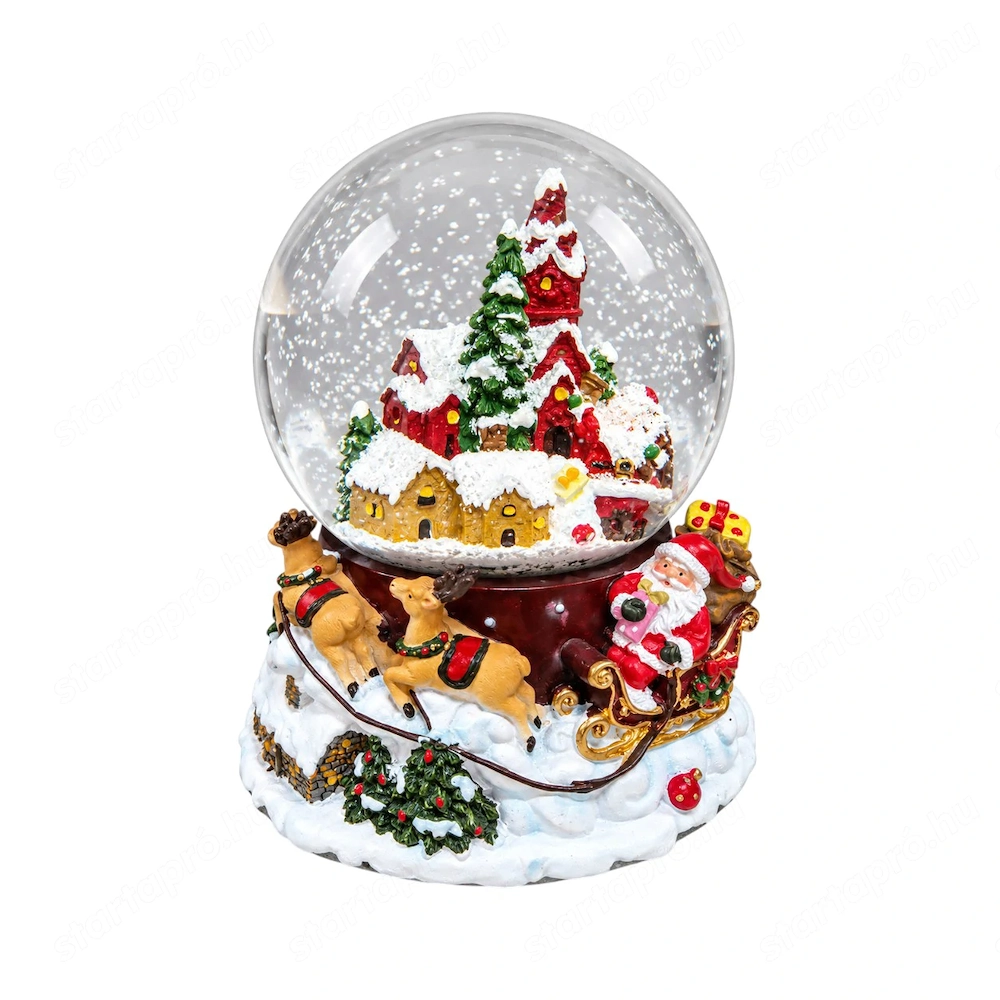 Zenélő karácsonyi LED mézeskalács ház hógömb Mikulással   13x17 cm