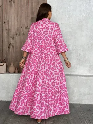 Nagy méretű XXL, női rózsaszín leopárdmintás alkalmi ruha - kép 2