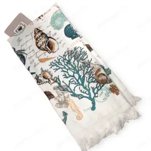 Fehér tengeri mintás pamut konyharuha rojtokkal   nyári dekor