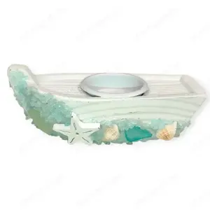 Fa csónak alakú mécsestartó hálóval   tengerparti dekoráció