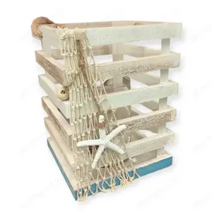 Dekoratív fa lámpás tengerparti stílusban   fehér-kék gyertyatartó üvegbetéttel