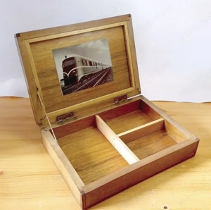 Furnérozott diófa ládika, mozdonyos fotóval, ékszeres, gyöngyöző ládikának, varródoboznak - kép 3