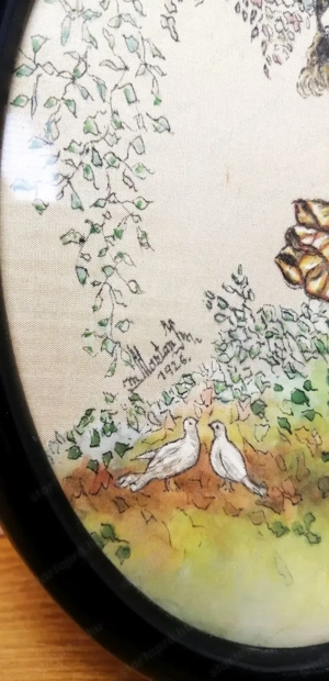 Antik selyem festmény. Galambokat etető hölgy. Szignálva - kép 2