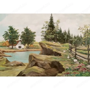 Tanya a vízparton. Az 1960-s években készült naturalista festmény, szignálva - kép 6