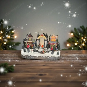 Karácsonyi falu, jelenet boltokkal, gyerekekkel, Mikulással fény és mozgás funkcióval, 33 18 19 cm - kép 2