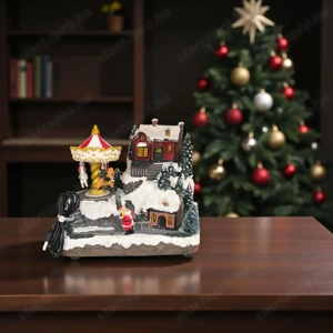Karácsonyi falu jelenet mozgó körhintával és világítással, 21 14 20 cm - kép 2