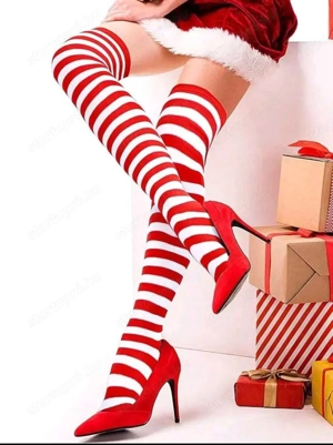 Egy pár karácsonyi piros-fehér csíkos női combharisnya - kép 2