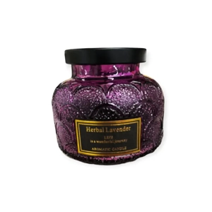 Illatgyertya lila dupla kanóccal levendula illattal üvegben