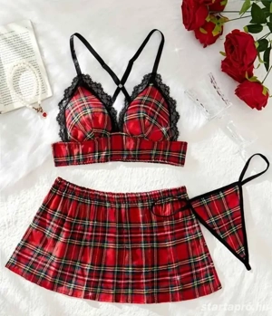 Hamarosan Valentin-nap! Szexi, skót kockás háromrészes fehérneműszett - kép 2