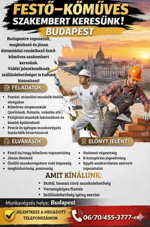 Festő kőműves szakembert keresünk - budapesti munkavégzéssel