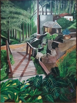 Napfényes éjszaka( 60*80 cm. akril, a ház ablaka sötétben világít)