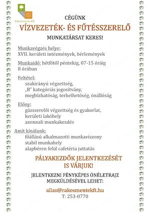 Vízvezeték  szerelőt  keresünk! - kép 2