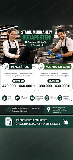 Pénztáros 13. kerület Alsónémedi, Konyhai Kisegítő 13.kerület