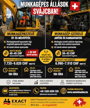 Munkagépkezelő és Munkagép-szerelő állás Svájcban