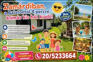 Zamárdiban, a Balatontól 4 percre, klímás, kis ház kiadó.