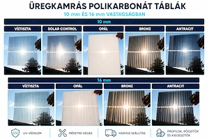10 16 mm üregkamrás polikarbonát   víztiszta, solar control, opál, bronz, antracit - kép 2