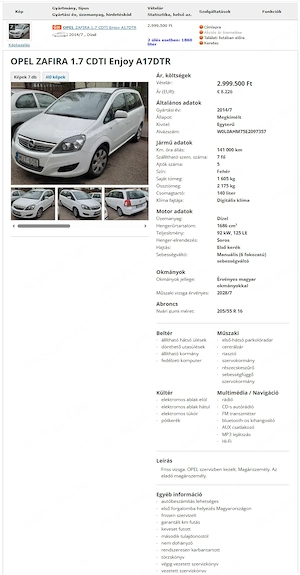 OPEL Zafira CDTI, 2014, fehér, Diesel, 7 ülés, 1800 liter csomagtér, friss vizsga, eladó - kép 10