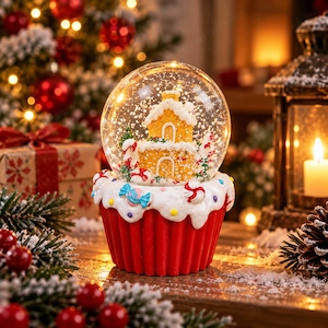 Karácsonyi mézeskalács hógömb piros muffin alapon   6,5 cm - kép 2